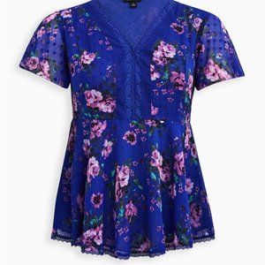 Torrid Peplum Chiffon with Lace Inset, Embossed Polkadot Short Sleeve Top Sz 14